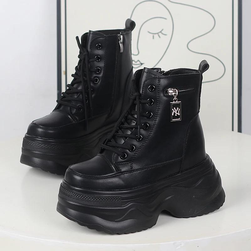 Модные 12 см кроссовки на платформе и танкетке из натуральной кожи, весна-осень, ботильоны до щиколотки, женские ботильоны смешанных цветов на скрытой платформе