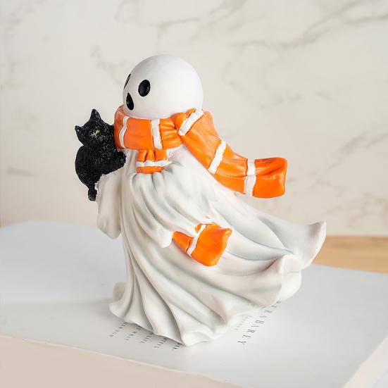 Halloween Ghost Figurine Resin Ghost And Black Cat Statue Desktop Ghost Wearing Scarf Ornament for Mantel Cabinet Shelf