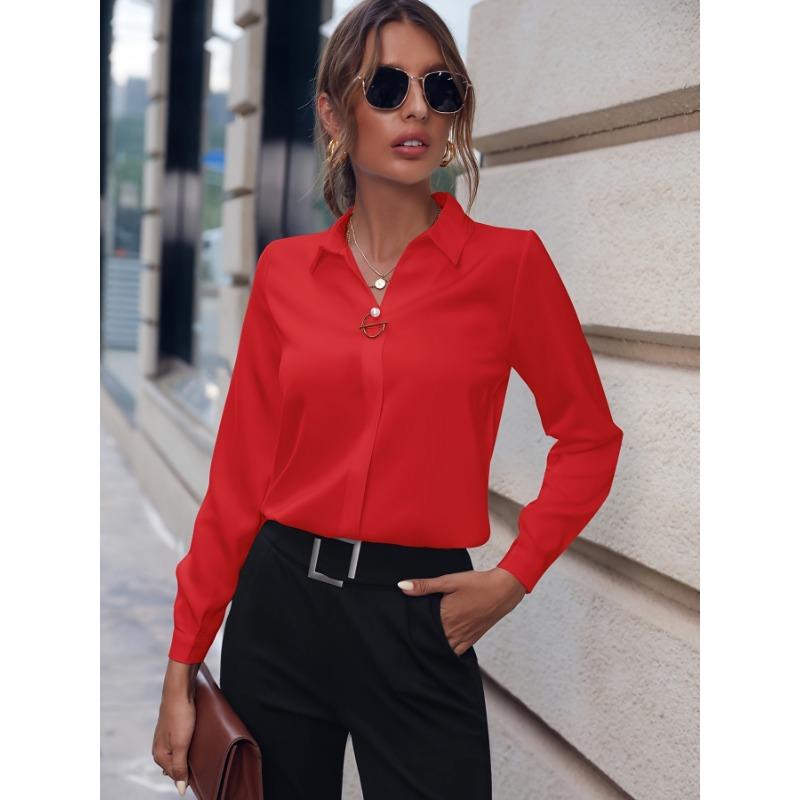 YYFS Women's Fashion Casual Spring Fall Solid Color Print Long Sleeve POLO Neck Blouses & Shirts