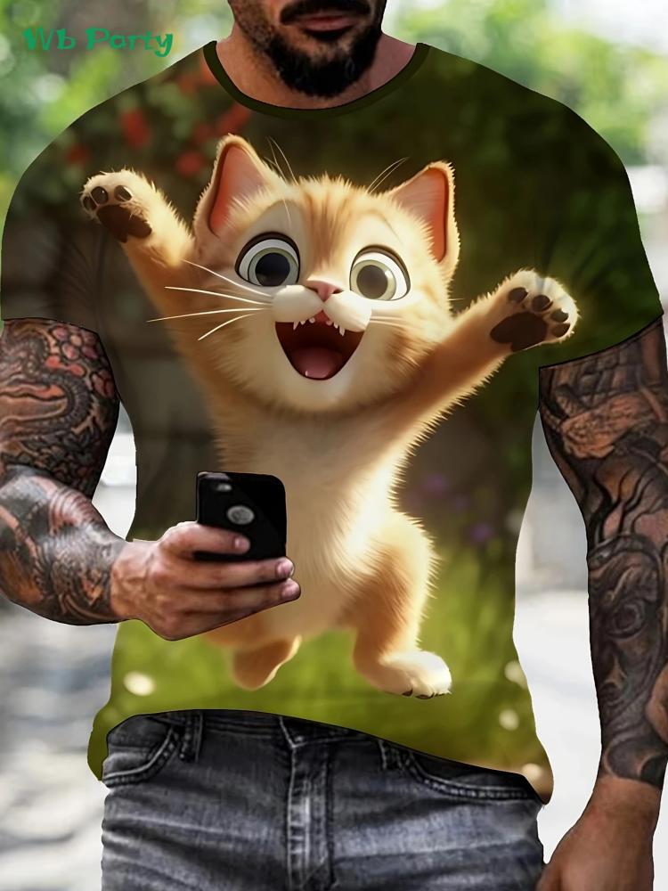 Новая футболка с 3D-принтом кота, летняя, для улицы, мужская, с коротким рукавом, модная, с круглым вырезом, мужские топы, повседневная, оверсайз, мужская одежда