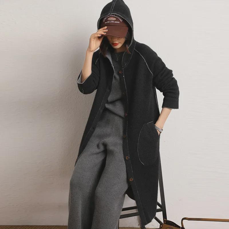 Женское кашемировое пальто с капюшоном — толстое, теплое, средней длины, выше колена, кардиган для осени и зимы