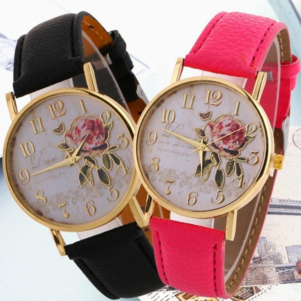 Useful Women Number Rose Flower Round Dial Faux Leather Band Quartz Wrist Watch