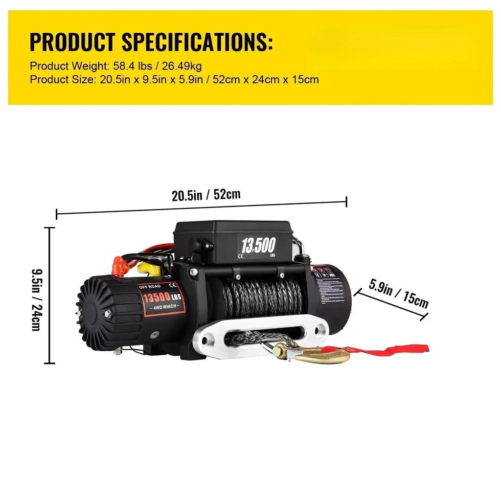 VEVOR 13500 LBS 12V Electric Winch Synthetic Tow Rope Winch