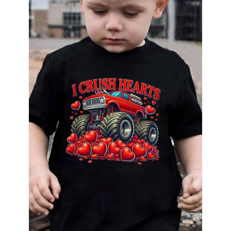Boys Heart Print T-Shirt Short Sleeve Summer Top with Heart Stacks Cute Casual Round Neck Tee for Heart Proof Outfit