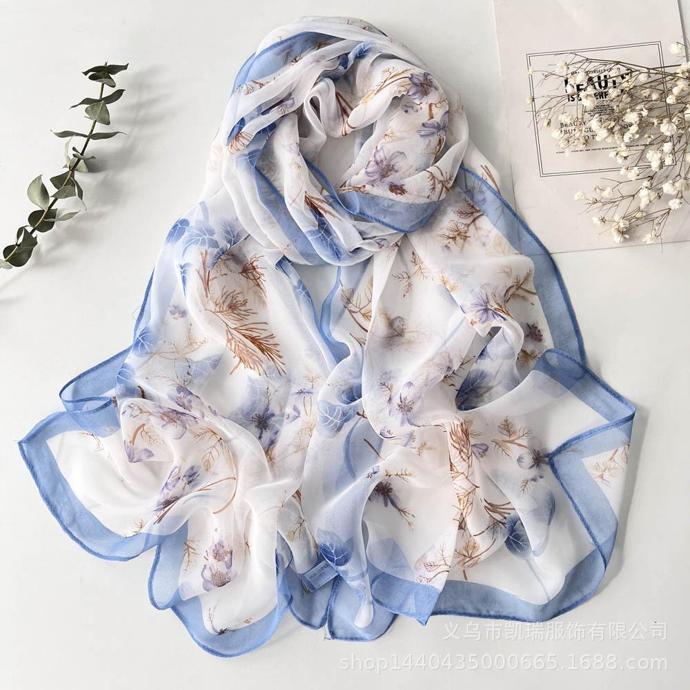 Новый длинный шелковый шарф с солнцезащитным кремом, тонкий искусственный шелк, весенне-летний женский шарф с принтом и украшением из жоржета