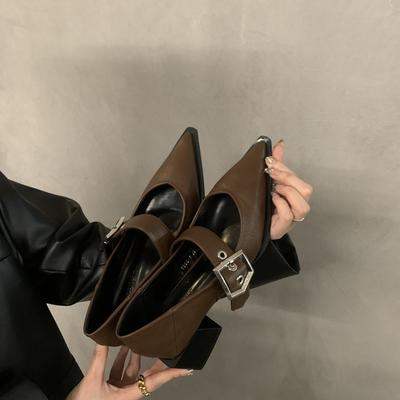 Ретро Туфли Мэри Джейн с острым носком из маленькой кожи для женщин 2024 Осень и Зима Новая Корейская версия лоферов на массивном каблуке