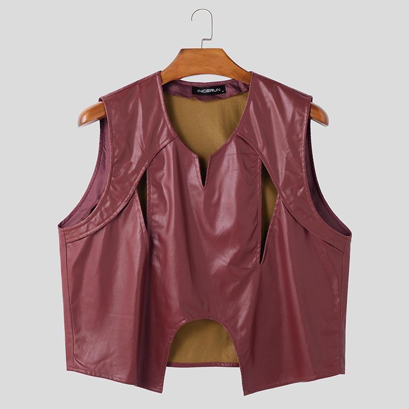 INCERUN Мужские повседневные свободные майки из искусственной кожи без рукавов с вырезом и ажурным узором