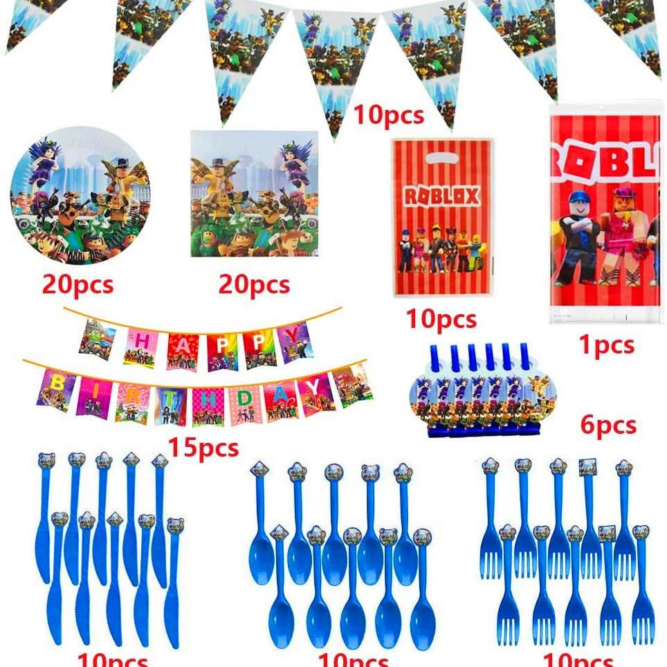 Roblox Game Party Supplies: Virtual World Plates, Cups, Hats Set