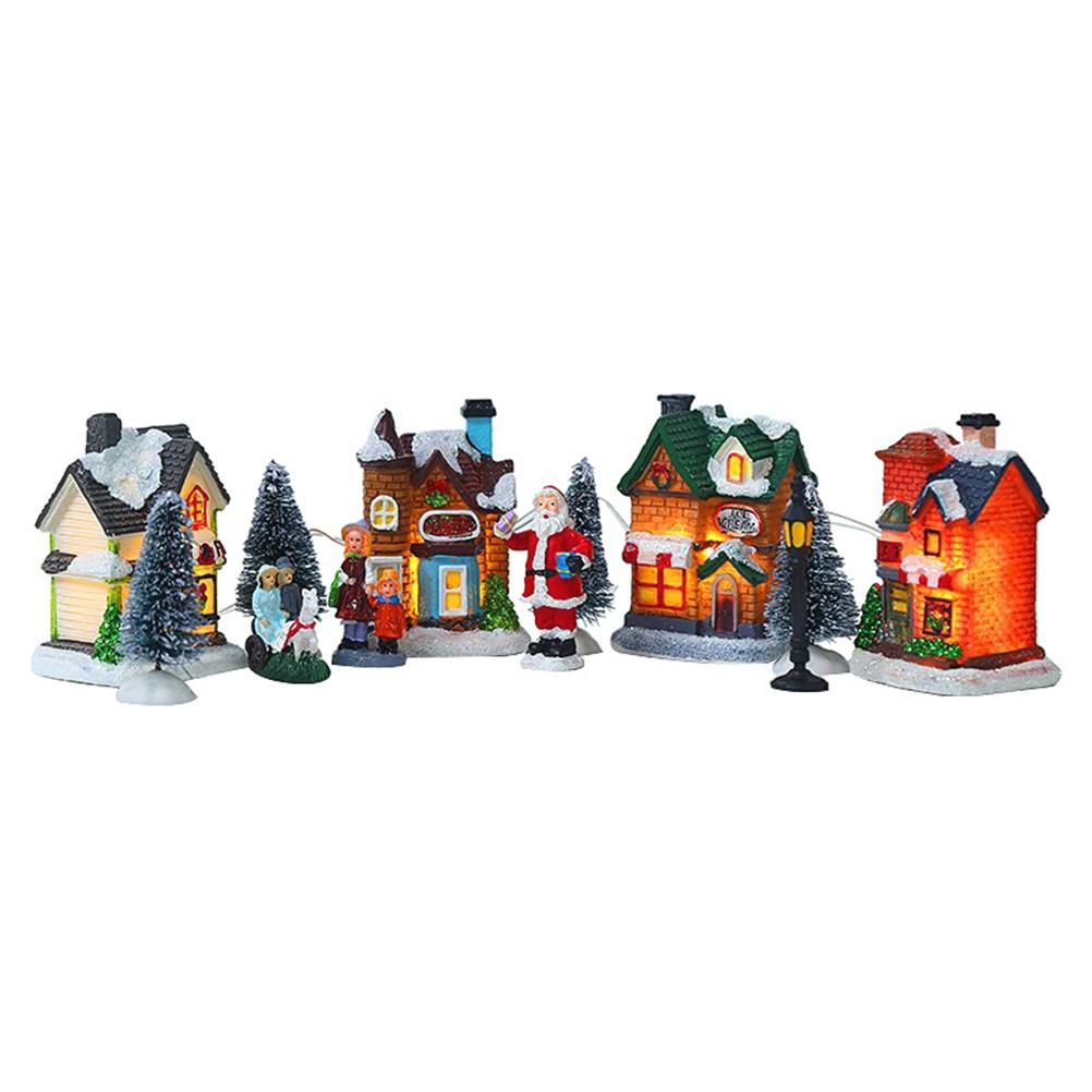 Christmas Village Set Resin Christmas Scene Village LED Lighted Miniature Houses Town Christmas