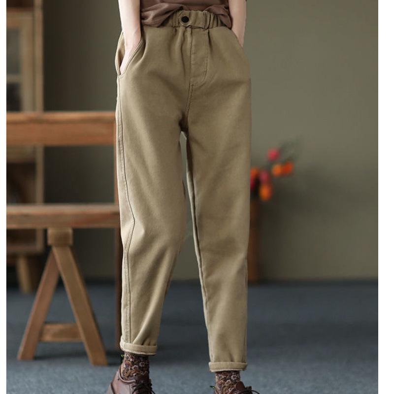 Women's Casual Elastic-Waist Trousers - Plush or Non-Plush, Solid Colors, Autumn/Winter Fashion, Long Harem Style