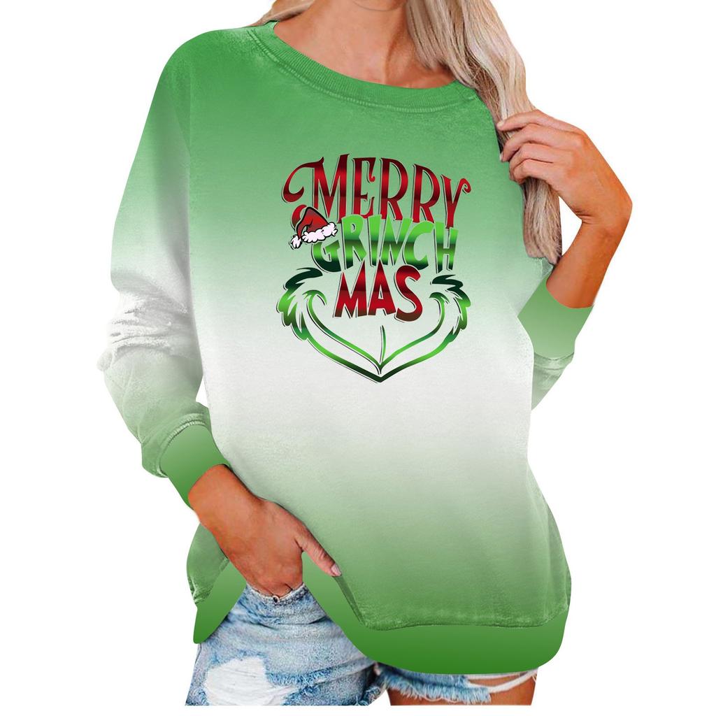 Женская рубашка, повседневная футболка с длинными рукавами и рождественским принтом, круглый вырез и нашивка, топ