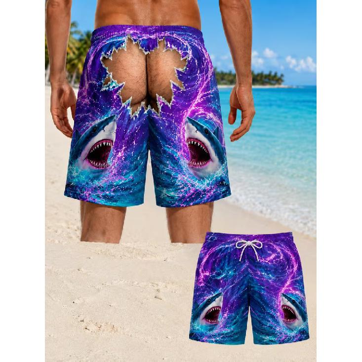 Summer men's surfing shorts with fun shark print, ripped design, exposed butt, elastic waistband with drawstring, men's beach shorts