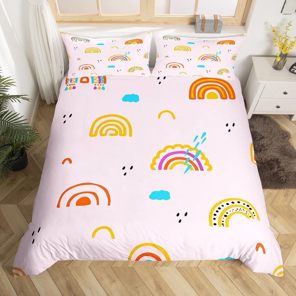 Lovely Rainbow Duvet Cover Sun Crown Cloud Rain Bedding Set Stick Figure Art Comforter Cover Kids Bedroom Polyester Quilt Cover