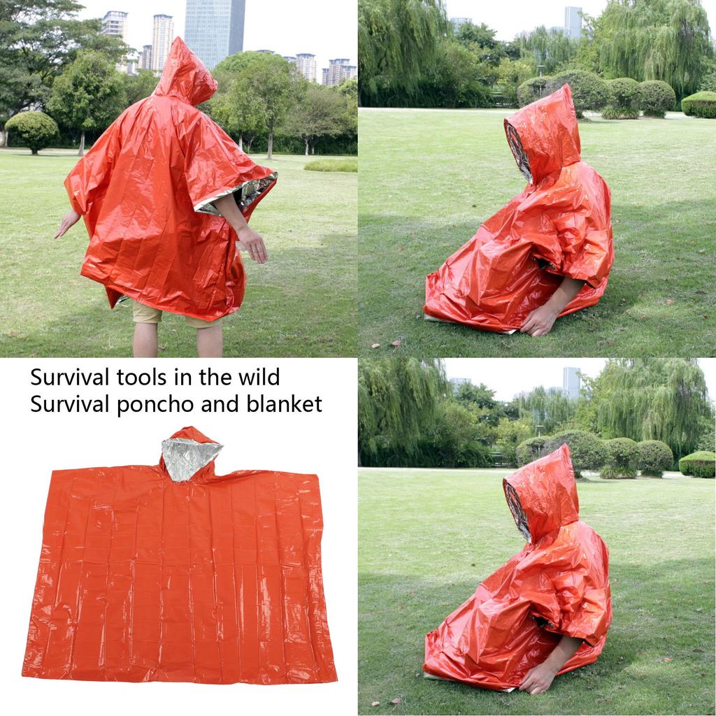 Emergency Poncho Reusable Orange Emergency Waterproof Insulation Poncho Blanket for Outdoor Survival Camping 100x127cm