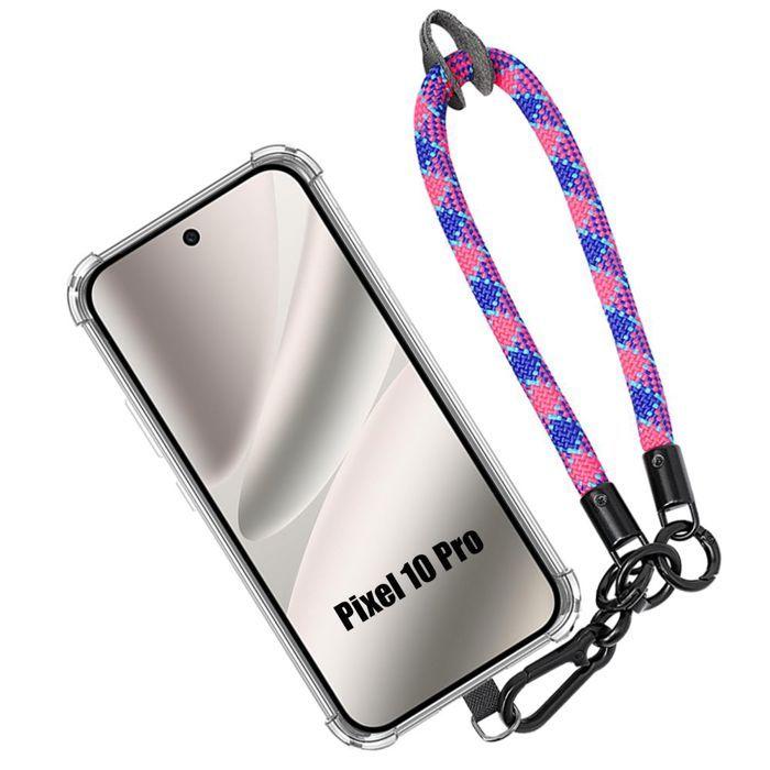 Coque pour Google Pixel 10 Pro, Antichoc Silicone Transparent avec Bracelet Tricolore Amovible