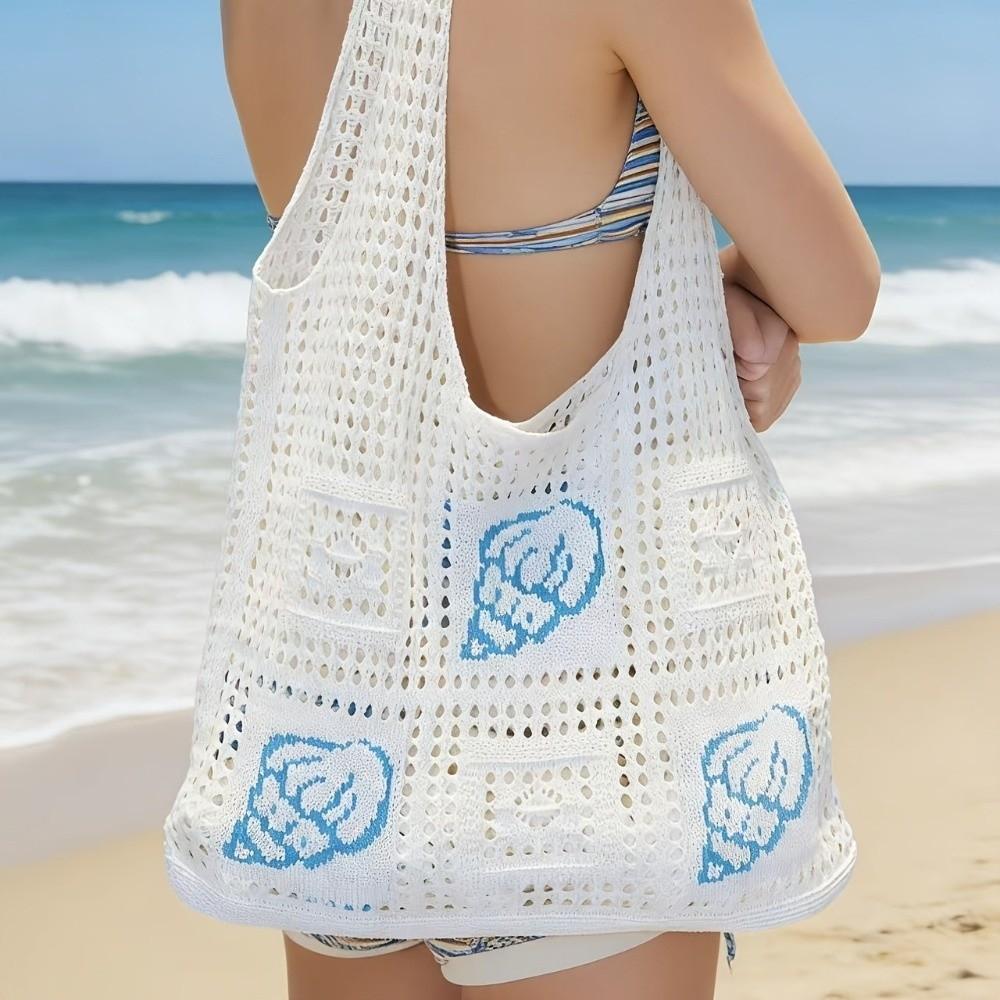 Large Capacity Crochet Tote Bag Solid Color Knitting Handbag Fashion Woven Shoulder Bag  Beach