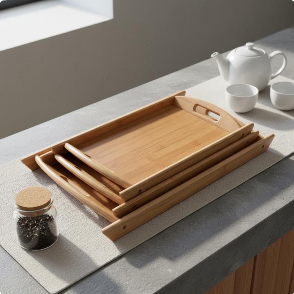 Bamboo Serving Tray with Handles Stackable Design Nesting Bamboo Trays Kitchenware for Dining Room