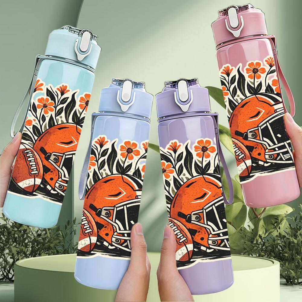 1PC American Football Floral Art Print 750ml Color Plastic Sports Water Bottle Leakproof Flip Straw Lid Suitable for Sports Office Home Use