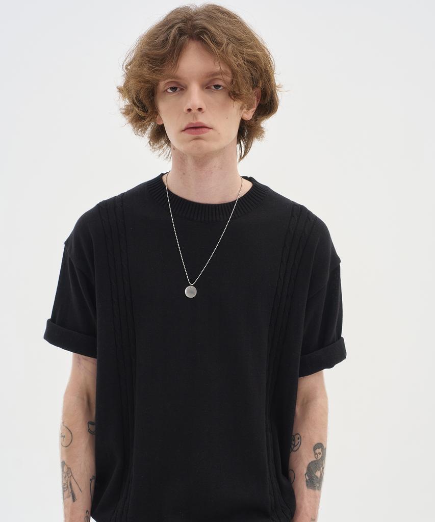 BLOND9 Soft Cable Round Short Sleeve Knit_Black