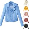 Lady Leather Long Sleeve Lapel Zipper Button Pocket Motorcycle Jacket Short Coat