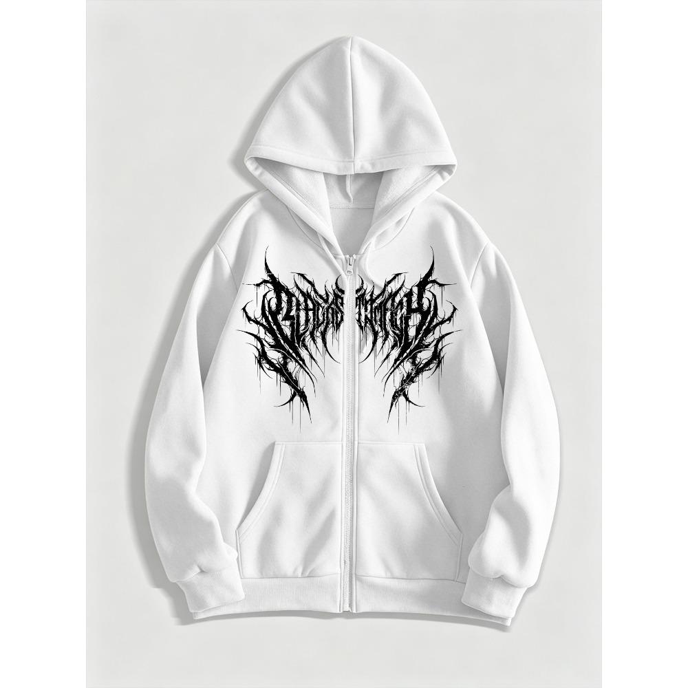 Dark, Symmetrical, Double Layered, Spiky, Thorny, Extreme, Black Metal Font Printed, Fully Zippered Hooded Cardigan, Hoodie, Men's and Women's