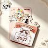 Monthly Planner For 2027 Flower Desk Calendar, English Tabletop Calendar with Wooden Base, Floral & Cat Decorative for Office Home Desktop Cute