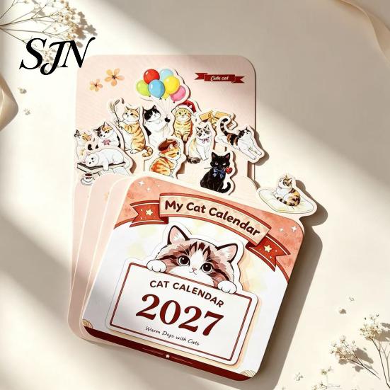 Monthly Planner For 2027 Flower Desk Calendar, English Tabletop Calendar with Wooden Base, Floral & Cat Decorative for Office Home Desktop Cute