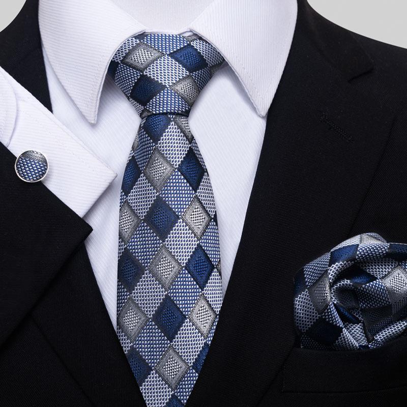 Men's 8cm Solid & Polka Dot Plaid Tie Set with Cufflinks & Pocket Square
