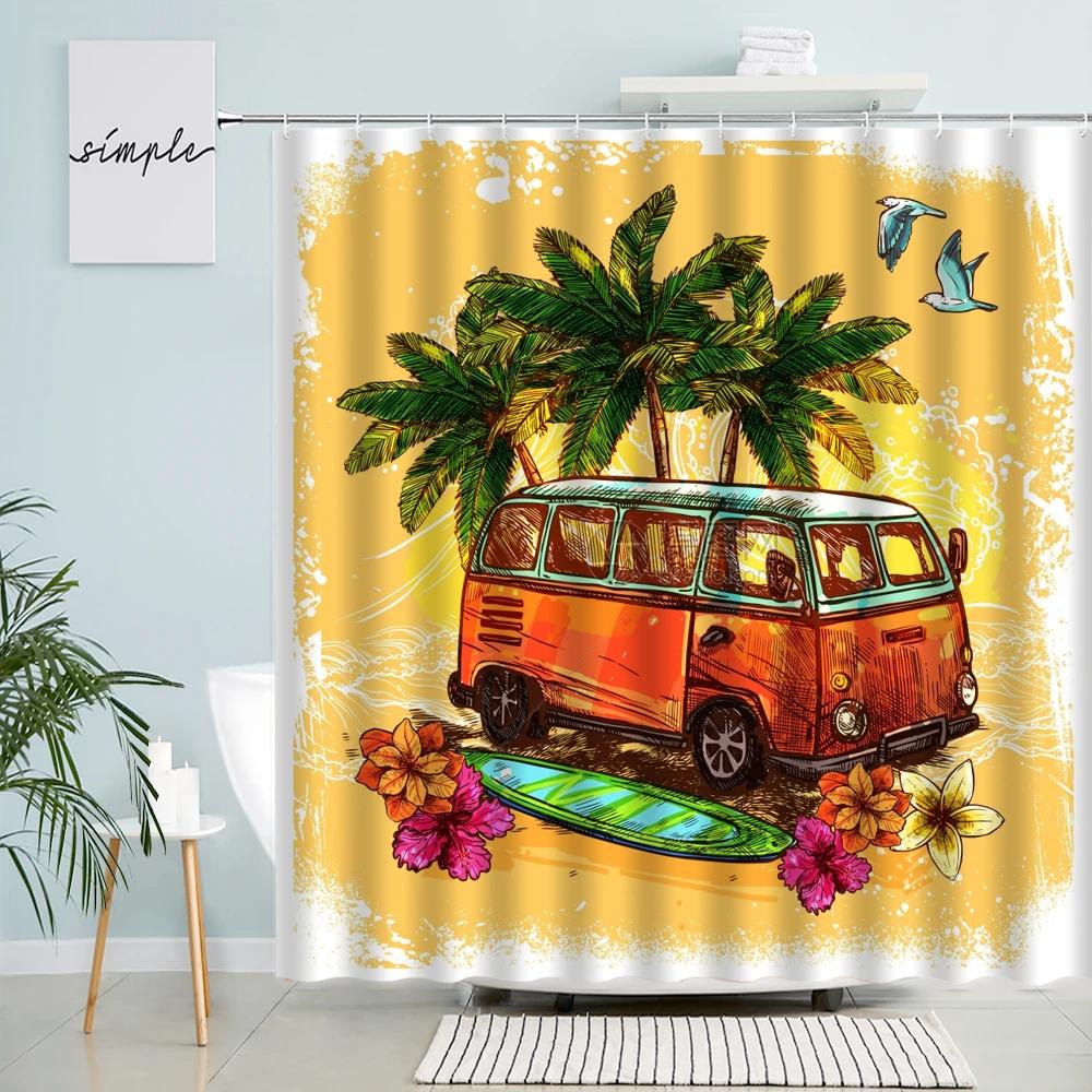 Summer Ocean Beach Camping Surf Shower Curtain Palm Trees Travel Bus Surfboard Pattern Polyester Fabric Bathroom Decor Hooks
