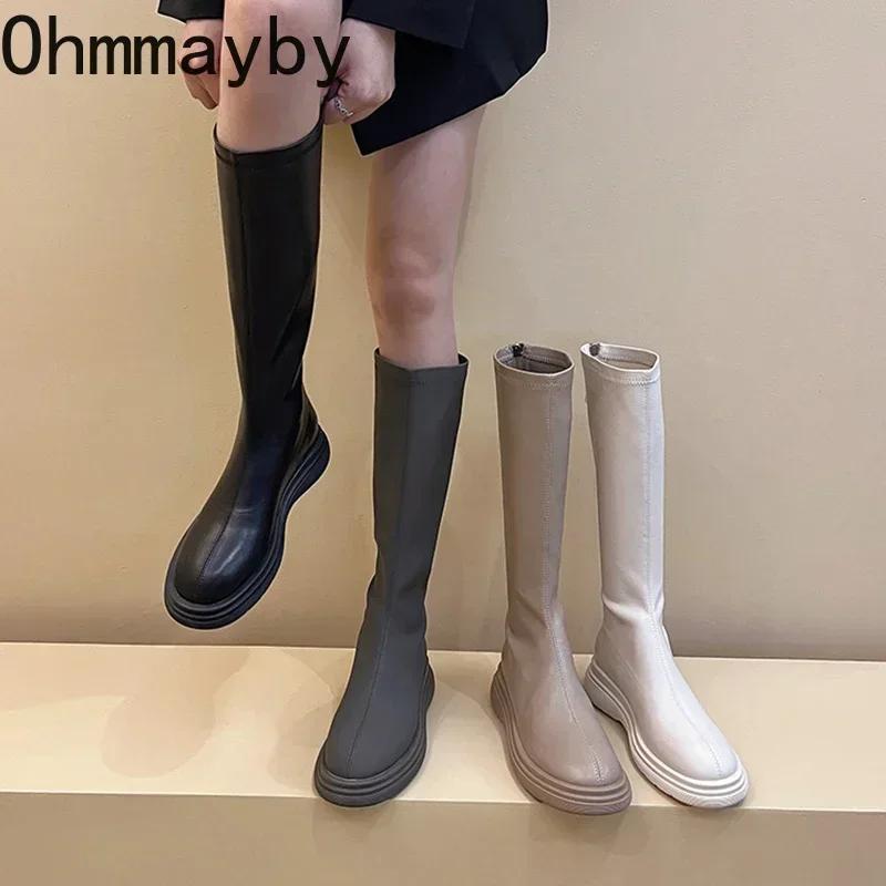 Fashion Winter Cotton Women's High Boots Fashion Soft Leather Back Zippers Long Botas Ladies Comfort Short Plush Knee High Booties