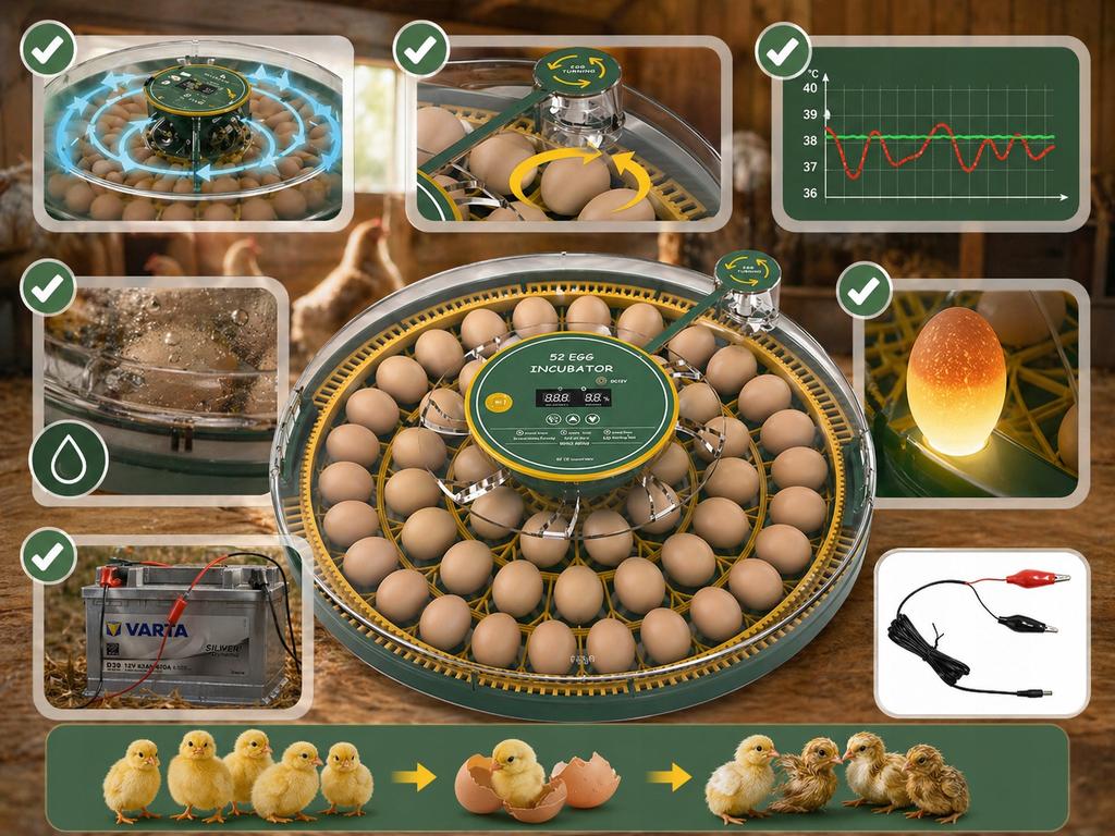 52 Egg Incubator Automatic Clunik Ovoscope Led Rotating 230V 12V Duck