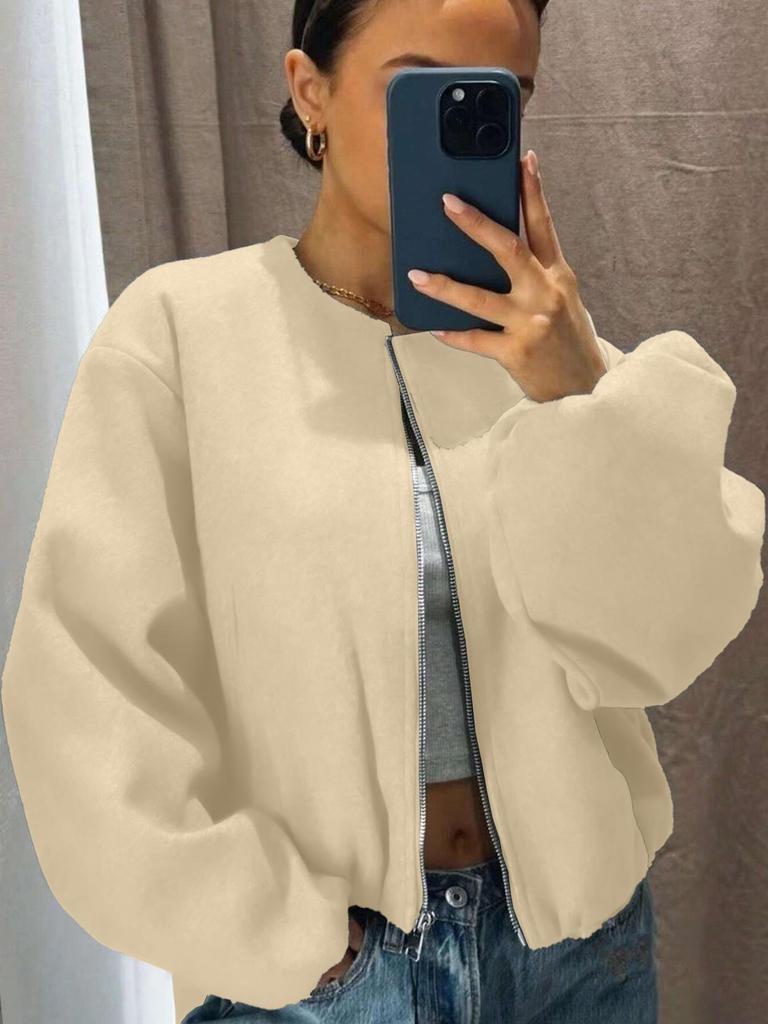 Women's Autumn/Winter Bomber Jacket - Round Neck, Drop Shoulder, Lantern Sleeve, Street Style Zip Cardigan