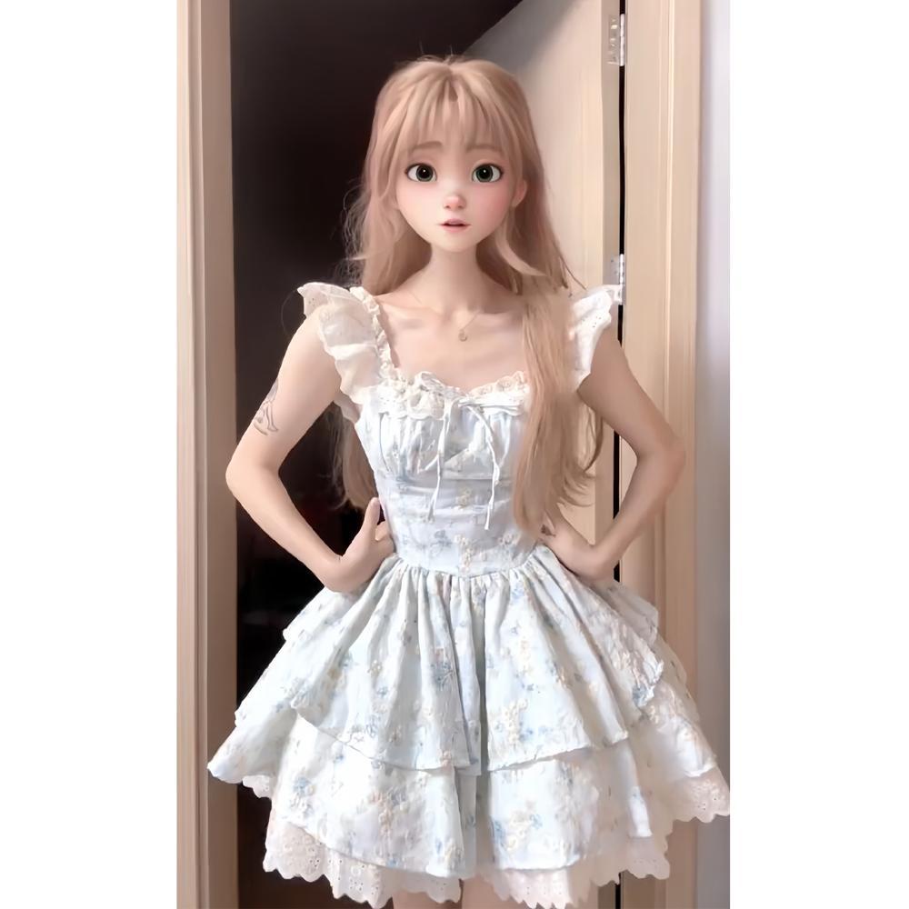 Милое цветочное платье с короткими рукавами-фонариками для женщин, летнее маленькое платье, платье принцессы первой любви, пышное короткое платье с талией для женщин