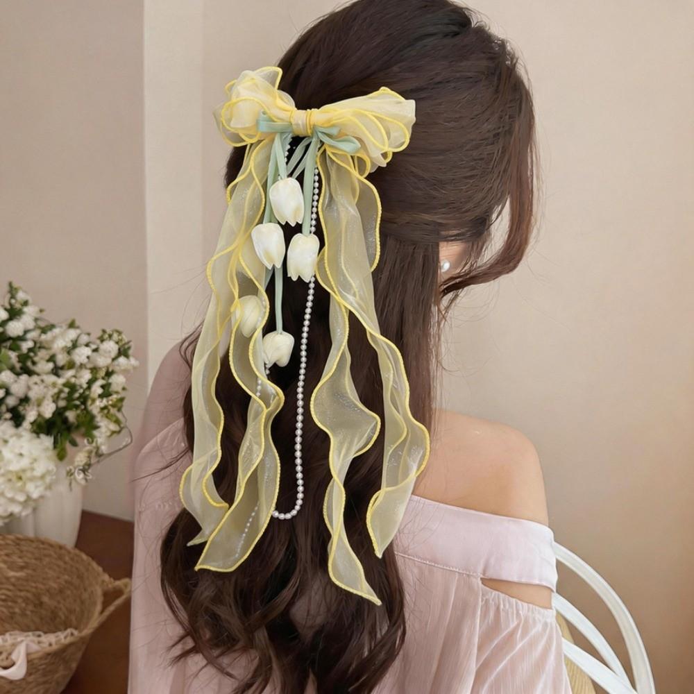 Fairy Style Tulip Hair Clips Pendant Tassel Organza Bowknot Barrette Feminine