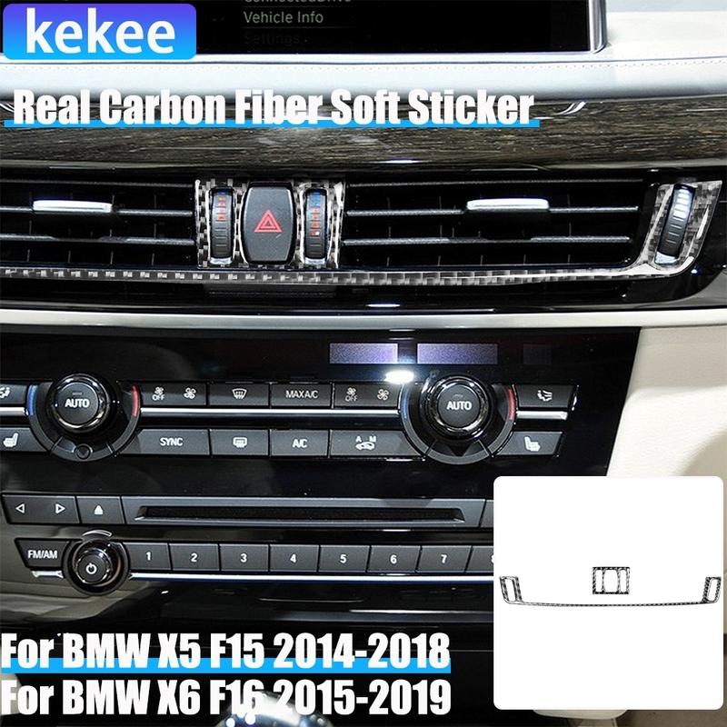 Real Carbon Fiber Car Accessories Dashboard Center Air Vent Trim Cover Soft Sticker For BMW X5 F15 2014-2018 X6 F16 2015-