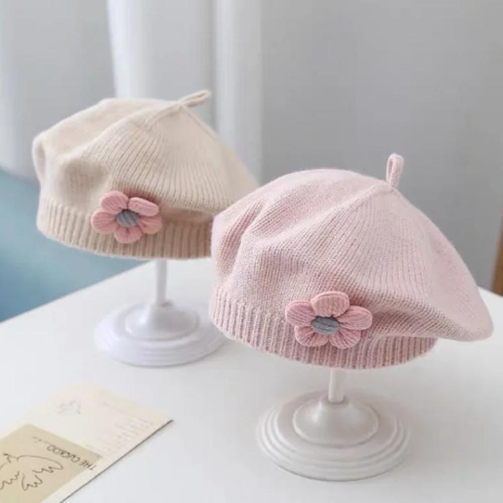 2020Flower Baby Beret Hat Winter Warm Knitted Beanie Cap for Infant Girls Korean Toddler Princess Artist Solid Color Painter Caps