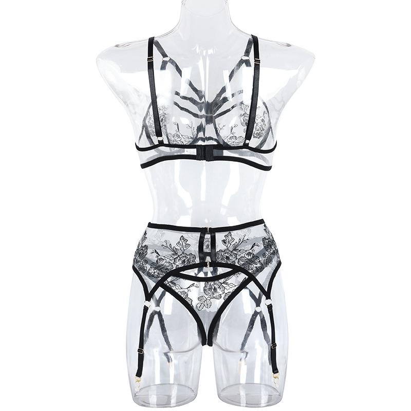 Women's See-Through Mesh Embroidery Bra Set Sexy Lingerie Underwire Bra Garter Belt Thong Suit