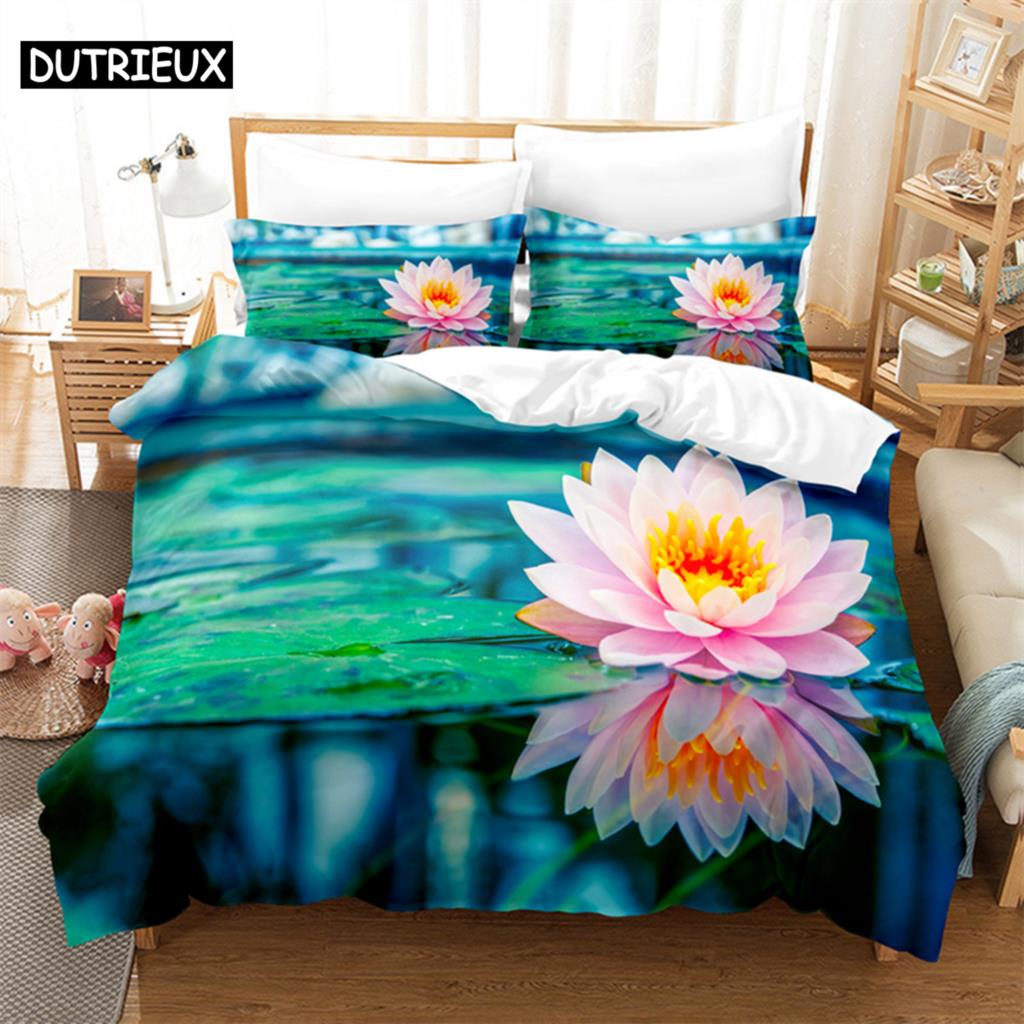 Розовый лотос Королевский комплект постельного белья Зеленый пододеяльник Детское постельное белье Цифровая печать Постельное белье Пододеяльник King Size Комплект постельного белья