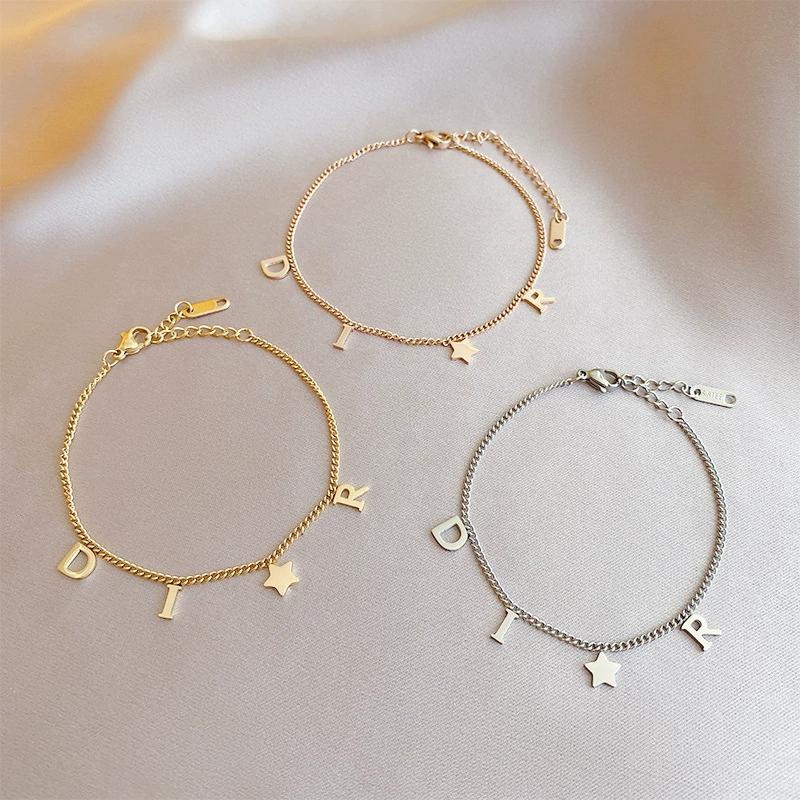 Htpwe Korea New Fashion Letter Star Pendant Bracelet Woman Vintage Stainless Steel Bracelet Luxury Zircon Accessories Gifts