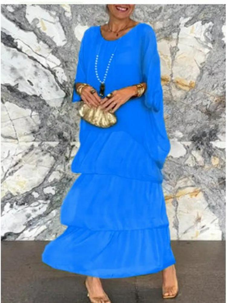 Шифон Элегантный Модный Трендовый Сетчатый Летучая Мышь Рукав Длинное Макси Платье