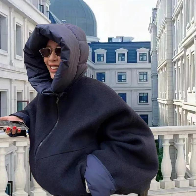 Women's Casual Hooded Drawstring Long Sleeved Jacket Autumn Winter Fashion Zipper Panelled Coat Short Loose High Street Outwear