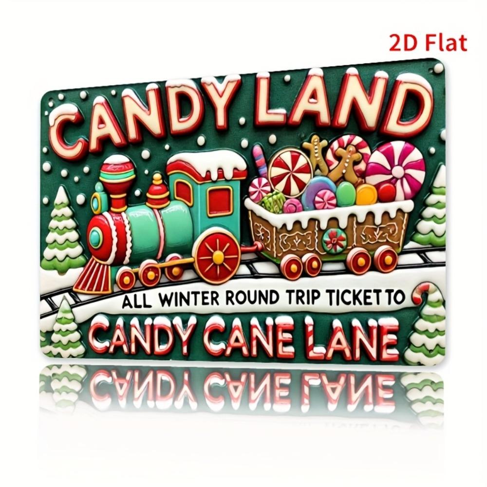 Винтажный металлический настенный декор Candyland - Зимний билет на Конфетную улицу с красочным поездом и пряничным человечком, 7,87x11,81 дюйма, для улицы