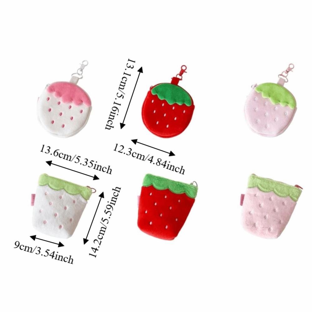 Zipper Design Plush Strawberry Keychain Lipstick Card Bag Earphone Bag Gift Giving
