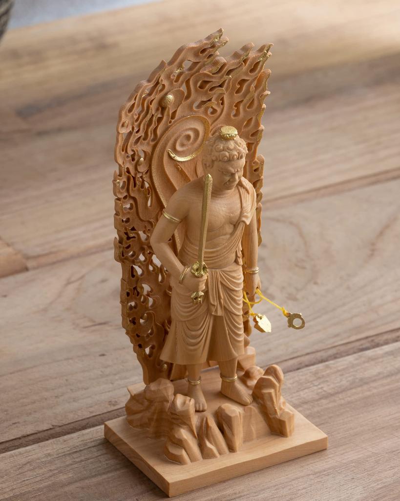 Маленький Будда Fudo Myoo из золотой глины и дерева, украшение Fudo Myoo 11,5 см (Деревянный самшит, отделка)_Статуя Будды, фигурка, резьба, (ГСБ