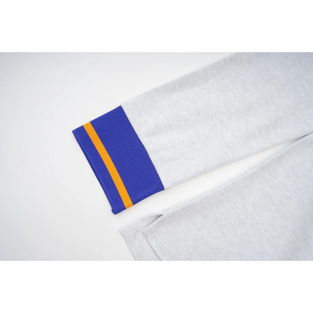 Мужская рубашка поло с длинным рукавом серого цвета с синими и желтыми акцентами, с логотипом и вышивкой «Мадрид»