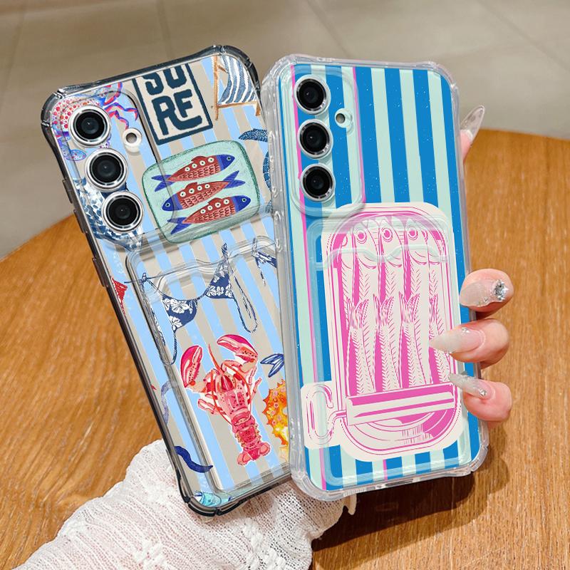 Винтажный чехол в полоску с сардинами для Samsung S26 S25 Ultra S24 Plus S23 S22 S21 FE A18 A54 A55 A16 A26 A36 A56 A17 A37 A57 5G Прозрачная задняя крышка со слотом для карты