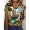Ladies Plus Size Elegant Cat Print V-Neck T-Shirt Stretch Fabric, Machine Washable, Summer Casual Mermaid Theme Design Top
