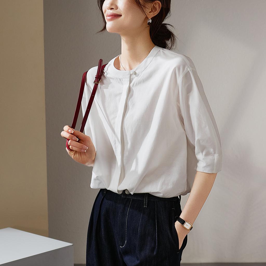 Cotton silk round neck five quarter sleeved shirt for women in 2026 summer, loose and casual, versatile, solid color top