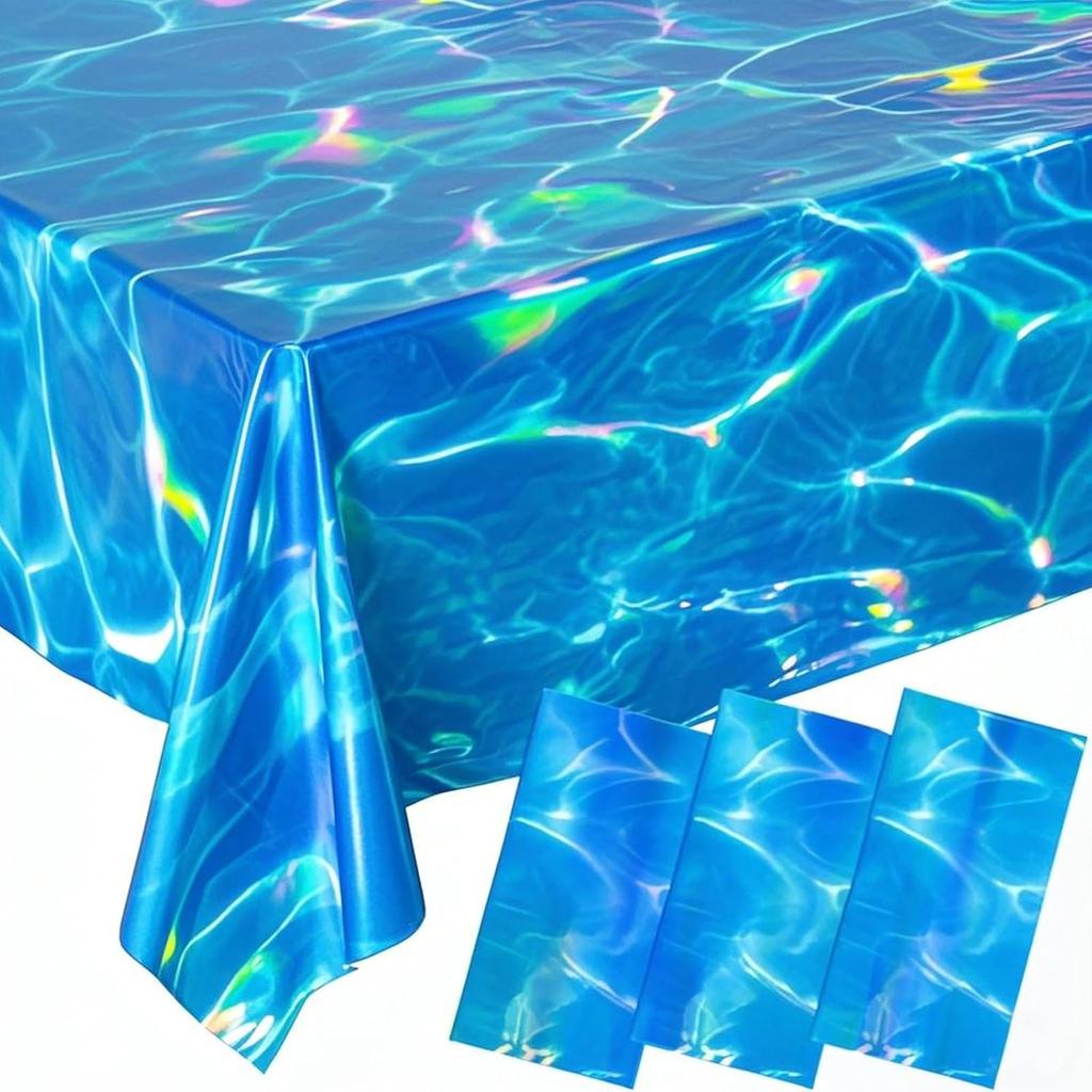 3 Pcs Iridescent Ocean Waves Tablecloths, 54 x 108 Inch Disposable Plastic Ocean Table Cloth, Water Print Tablecloths Ocean Table Cover for Beach
