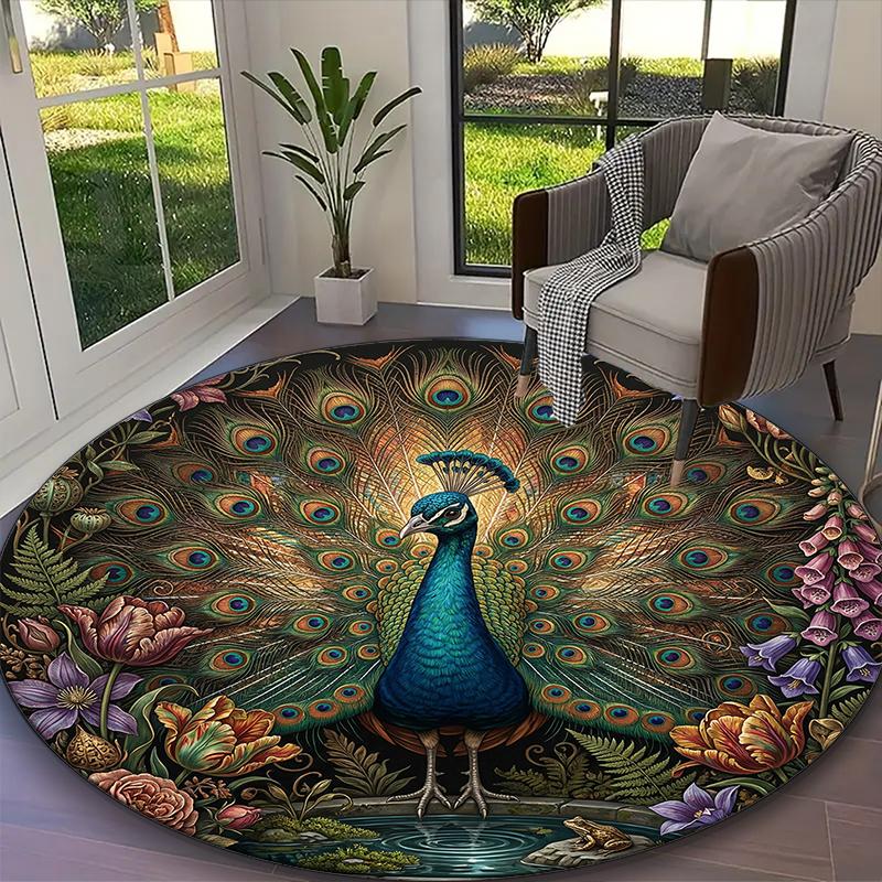 1pc Ornate Peacock Radiance Printed Chair Rug for Home Office Use, Living Room Kitchen Game Room Round Carpet